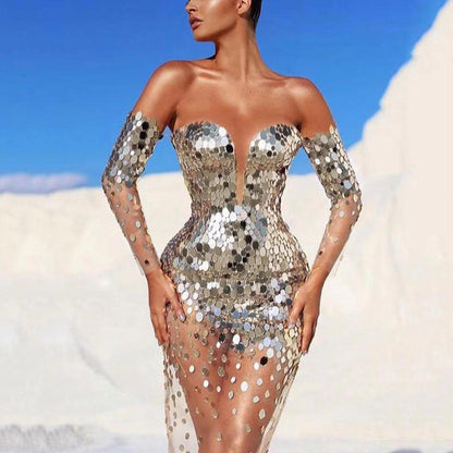 Summer New Women's Dress Sequins One-Shoulder Sexy Mesh See-Through Long Evening Dress