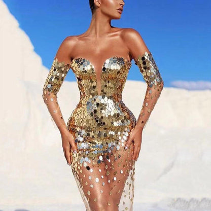 Summer New Women's Dress Sequins One-Shoulder Sexy Mesh See-Through Long Evening Dress