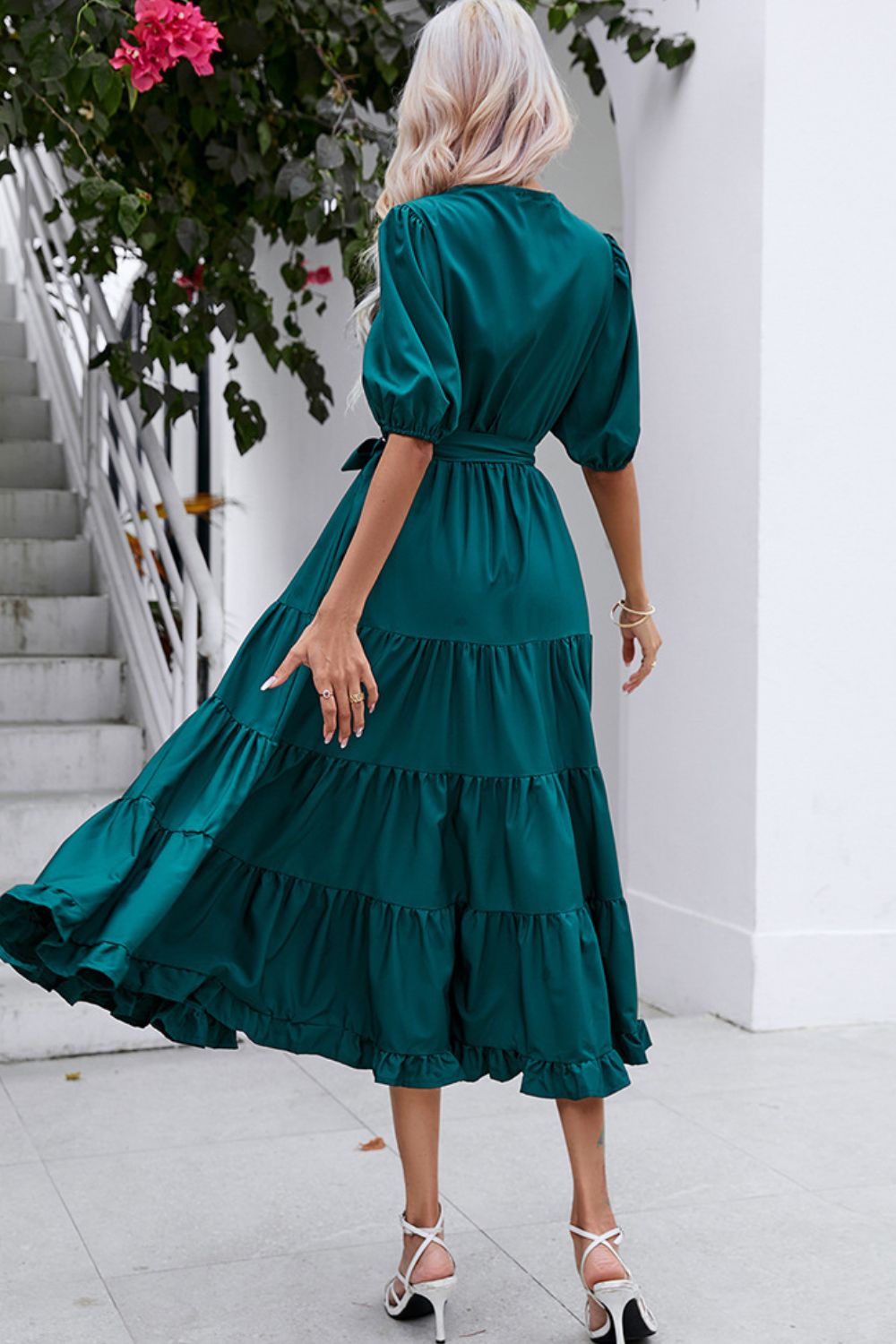 Surplice Neck Tie Waist Tiered Midi Dress