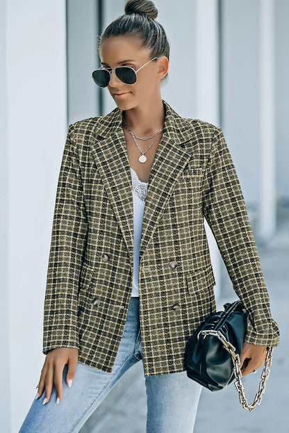 Plaid Double-Breasted Long Sleeve Blazer