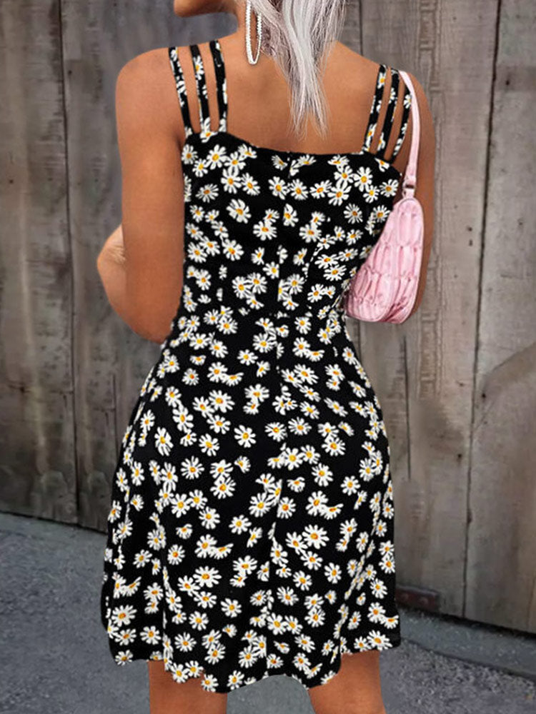 Women Summer Mini Dresses Vintage Floral Little Daisy Print Boho Beach Dress Sexy Sleeveless Sling A Line Loose Dress