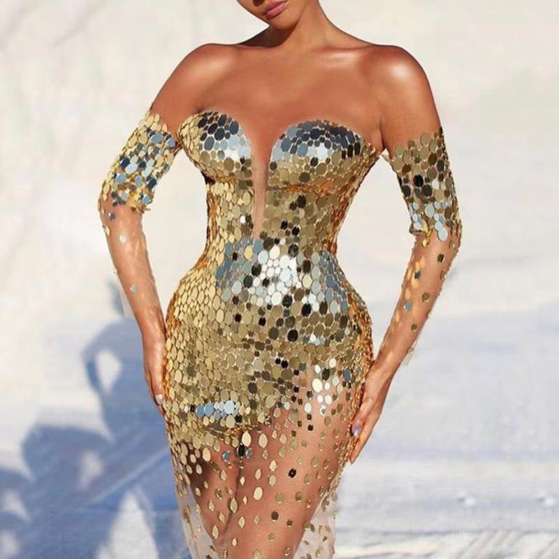 Summer New Women's Dress Sequins One-Shoulder Sexy Mesh See-Through Long Evening Dress