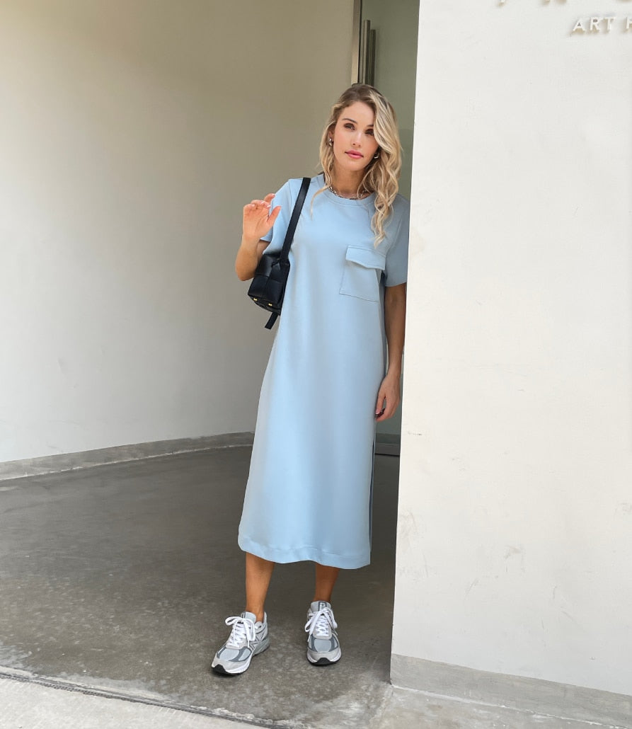 Summer New Design Casual Women Long Dress with Pockets Wihte Blue