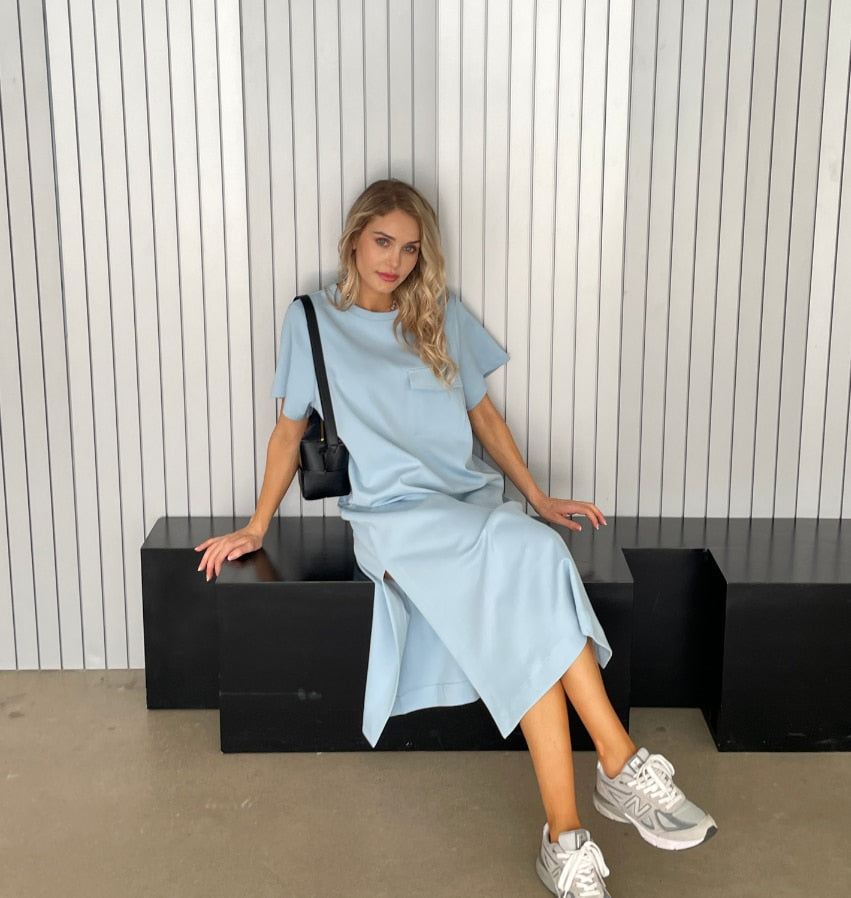 Summer New Design Casual Women Long Dress with Pockets Wihte Blue