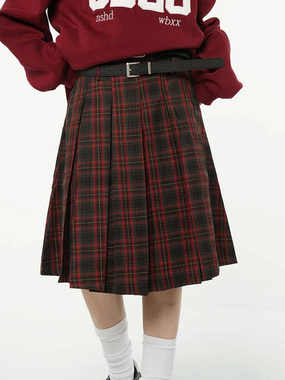 American College Style Red Plaid Pleated Skirt Women's Spring Design Color Contrast A-line High Waist Short Skirt Femal