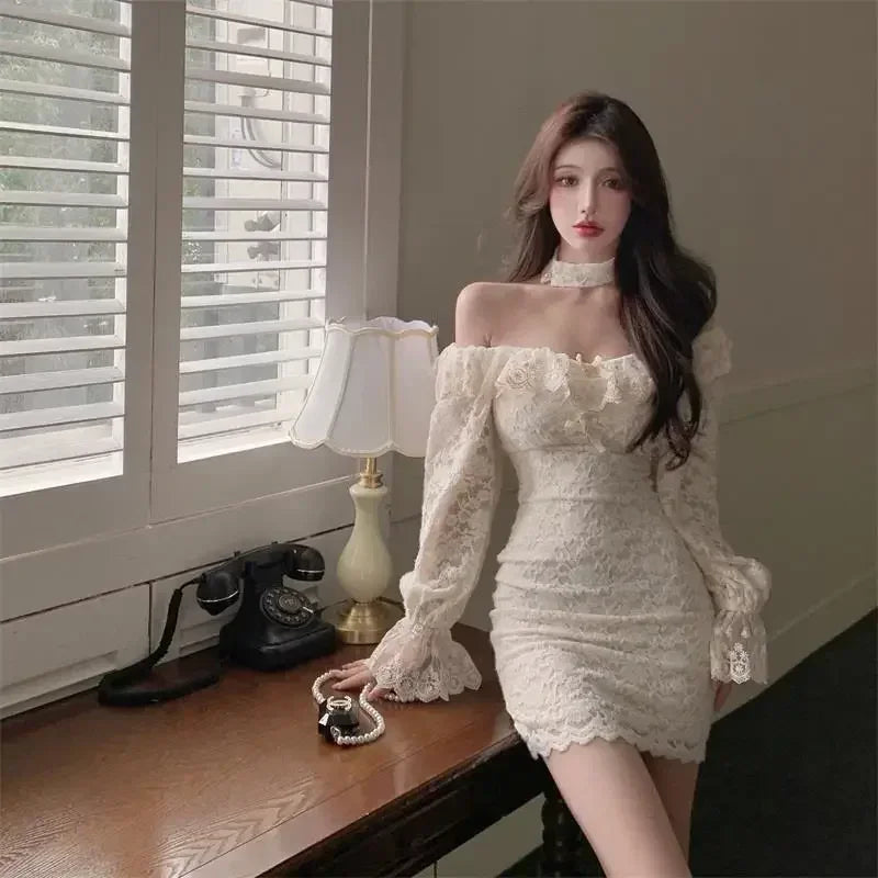 Coquette Sexy Mini Cabaret Dress Women Korean Style Fairy Ruffle Slash Neck Long Sleeve Corset Dresses Evening Vestidos