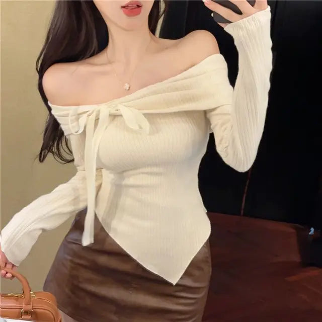 Coquette Y2k Beige Off Shoulder T-shirts Women Japanese Style Long Sleeve Knitted Tees Sweet Bow Irregular Slim Tops