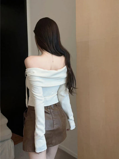 Coquette Y2k Beige Off Shoulder T-shirts Women Japanese Style Long Sleeve Knitted Tees Sweet Bow Irregular Slim Tops