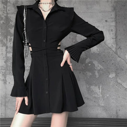 Dark Gothic Black Mini Shirt Dress Women Cyber Punk Harajuku Cut Out Ribbon V-neck Long Sleeve Blouse Pleated Dresses