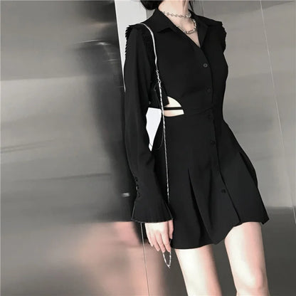 Dark Gothic Black Mini Shirt Dress Women Cyber Punk Harajuku Cut Out Ribbon V-neck Long Sleeve Blouse Pleated Dresses