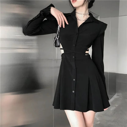 Dark Gothic Black Mini Shirt Dress Women Cyber Punk Harajuku Cut Out Ribbon V-neck Long Sleeve Blouse Pleated Dresses