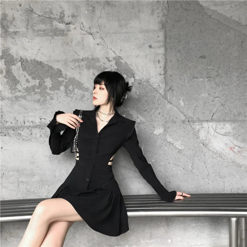 Dark Gothic Black Mini Shirt Dress Women Cyber Punk Harajuku Cut Out Ribbon V-neck Long Sleeve Blouse Pleated Dresses