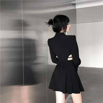 Dark Gothic Black Mini Shirt Dress Women Cyber Punk Harajuku Cut Out Ribbon V-neck Long Sleeve Blouse Pleated Dresses