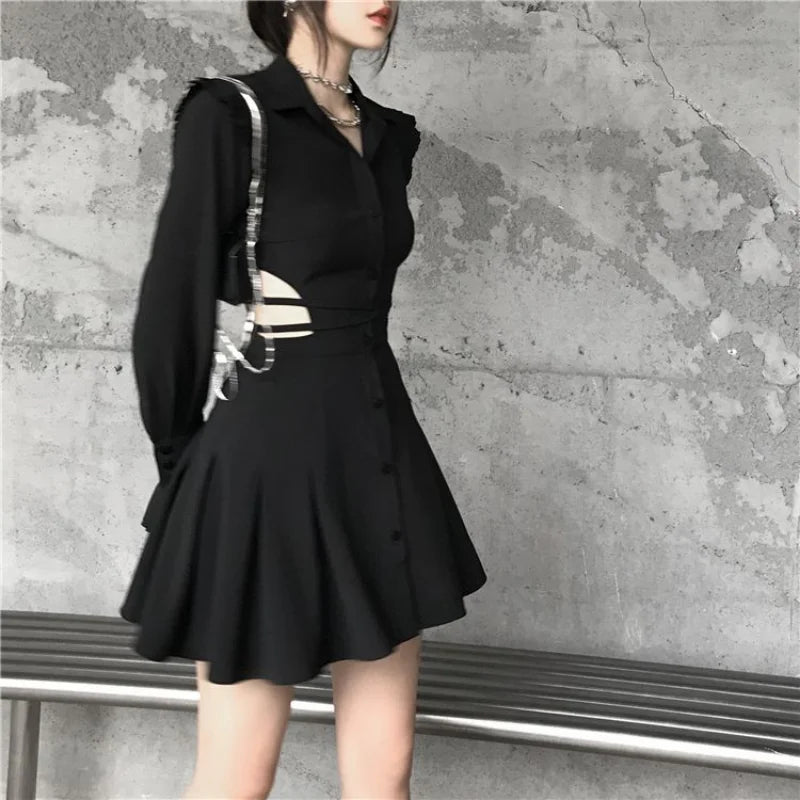 Dark Gothic Black Mini Shirt Dress Women Cyber Punk Harajuku Cut Out Ribbon V-neck Long Sleeve Blouse Pleated Dresses