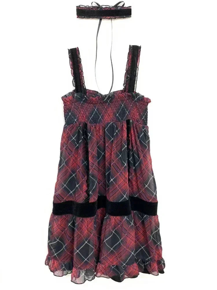 Harajuku Goth Red Mini Plaid Dress Women Y2k Gothic Mall Cyber Punk Halloween Dresses Vintage One Piece Slip Vestidos