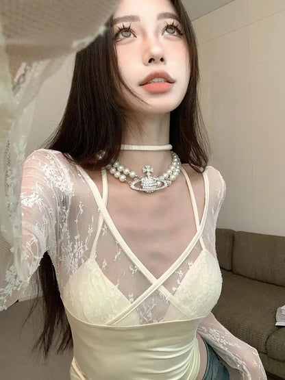 Y2k Coquette Beige T-shirts Women Korean Style Lace Patchwork Long Sleeve Tees Harajuku Slim Corset Transparent Tops