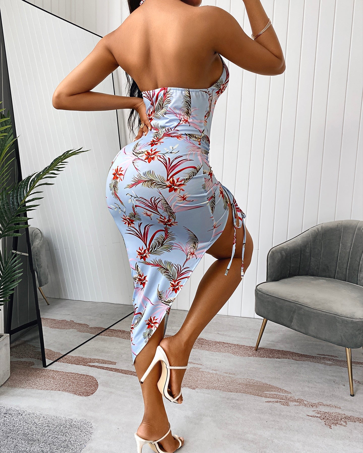 Summer Halter New Tropical Print Ruched Drawstring Slit Midi Dress Sleeveless Backless Sexy Vacation Beachwear Leaf Lady