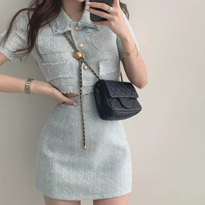 Women Summer Two 2 Piece Set Korean Style Elegant Single Breasted Tassel Short Sleeve Tops and High Waist Bodycon Mini Skirt