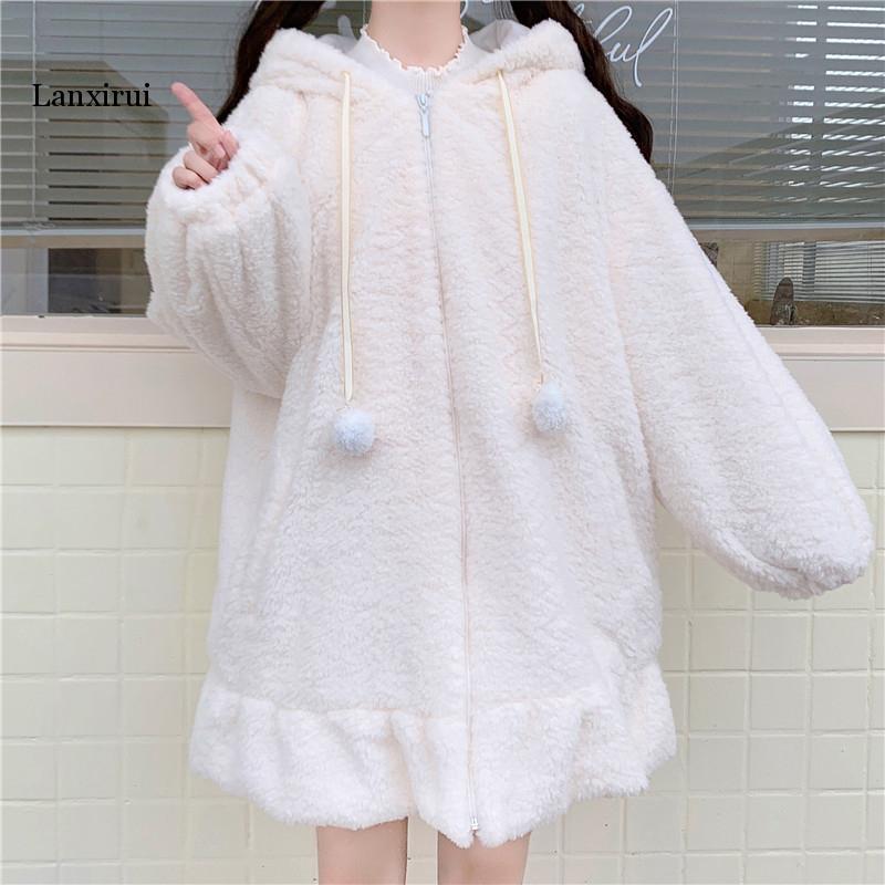 Zip Up Jacket Jacket Women Lolita Teddy Rabbit Ears Hooded Soft Girl Ruffle Faux Wool Coat Lambswool Plus Cotton Thick Outer New