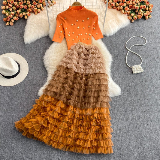 Autumn Winter Christmas Two Piece Knitted Sets Beading Stand Collar Short Sleeve Top + Ball Gown Skirt Woman Sets Suits M69521