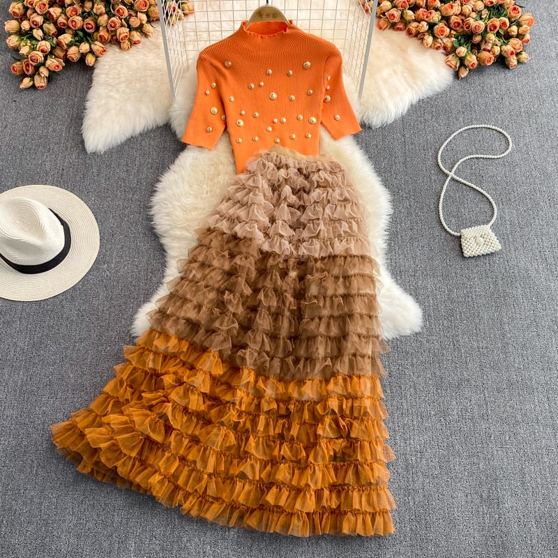 Autumn Winter Christmas Two Piece Knitted Sets Beading Stand Collar Short Sleeve Top + Ball Gown Skirt Woman Sets Suits M69521