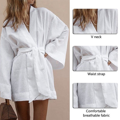 Women's V-Neck Kimono Cardigan Mini Dress Cotton Linen Long Sleeve Sashes Dresses Robe Style Lace Up Summer Loose Vestidos