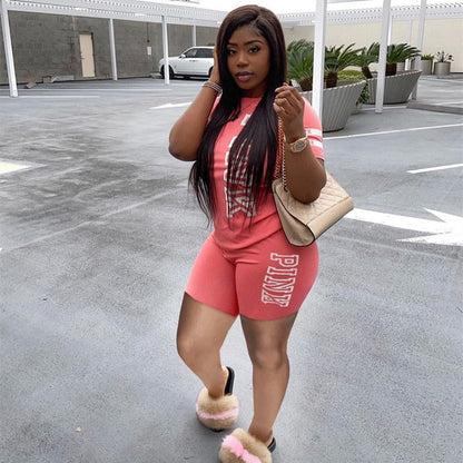 Casual 2 Piece Set Plus Size Women Tracksuit 3xl Pink Letter Print Tops + Biker Shorts Matching Sets Streetwear Outfits 3XL