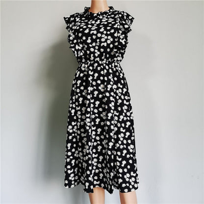 Summer Ladies Elegant Dot Print Chic Dress Women Butterfly Sleeve Ruffles Medium Long Chiffon Dress