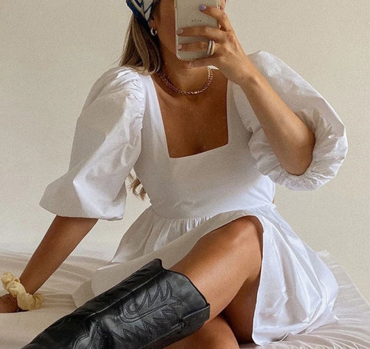 White Backless Casual Dress Women Short Puff Sleeve A Line Summer Sexy Beach Square Neck Elegant Party Mini Dresses