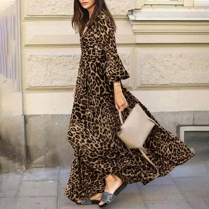 Women Spring Puff Sleeve Maxi Long Sundress Fashion Sexy Leopard Printed Party Dress V Neck High Waist Holiday