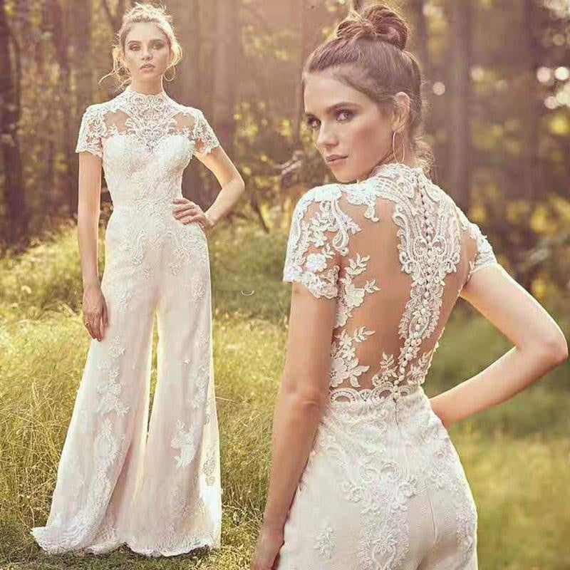 dingdamall mid size graduation outfit romantic style teen swag clean girl ideas 90s latina aestheticNew Country Jumpsuits  Wedding Dresses Custom Made Elegnat  High Neck Short Sleeve Lace Appliqued Beach Boho Bridal Gowns