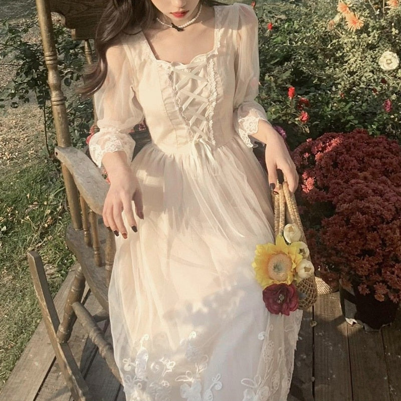 Spring Lace Sweet Elegant Dress Women Evening Party One Piece Dress Korean Kawaii Short Sleeve Dress Female Square Collar