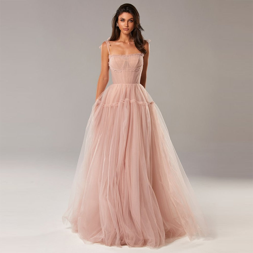 Blush Pink/Blue Long Prom Dresses Spaghetti Straps Tiered Skirt A-Line Party Dresses Ple