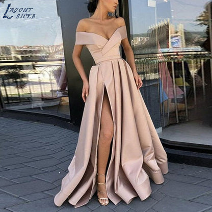 Women Sexy V Neck Long Party Dress Solid Elegant Sleeveless High Slit Dress Lady Fashion Off Shoulder Pleated Maxi Dress Vestido