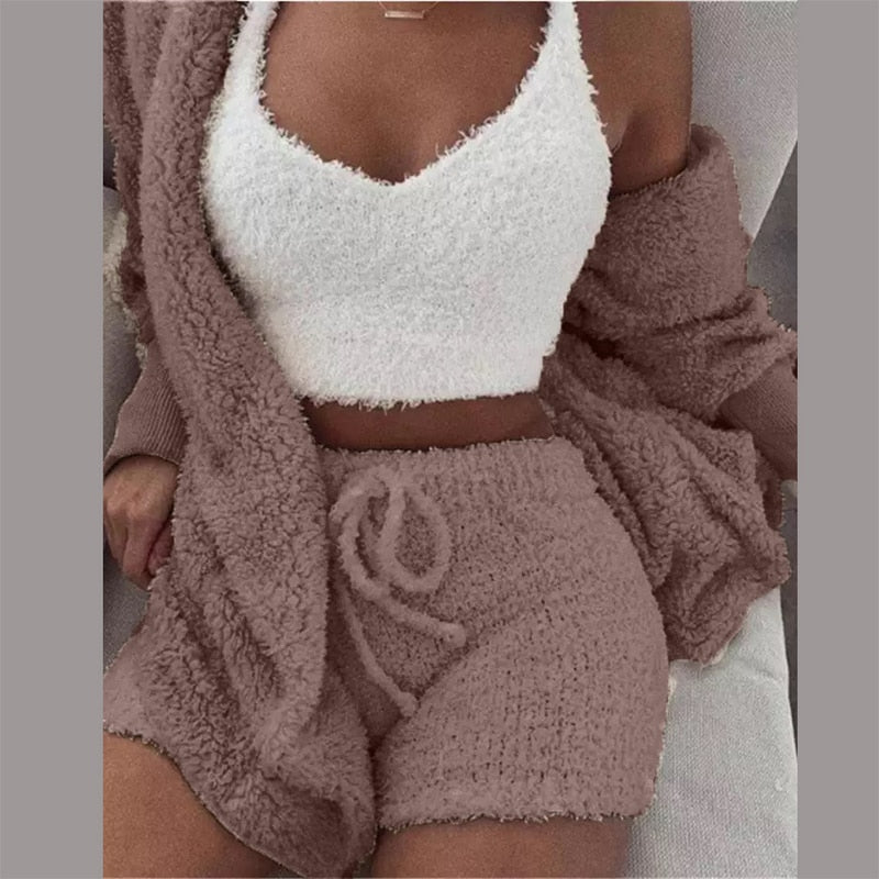 Three Piece Sexy Fluffy Outfits Plush Velvet Hooded Cardigan Coat+Shorts+Crop Top Women Tracksuit Sets Casual Sports Sweatshirt