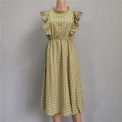 Summer Ladies Elegant Dot Print Chic Dress Women Butterfly Sleeve Ruffles Medium Long Chiffon Dress