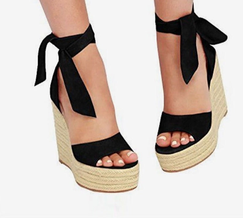 Women Summer Butterfly Knot Solid Black Open Toe Sandals Fashion Platform High Heel Wedge Shoes Ankle Bowtie Dress Shoes