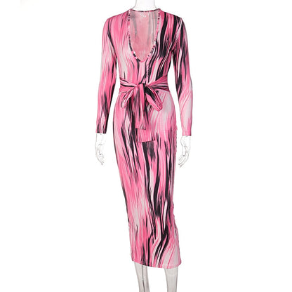 tie dye print women midi dress long sleeve bodycon sexy bandage bodycon sexy autumn winter clothes party dinner