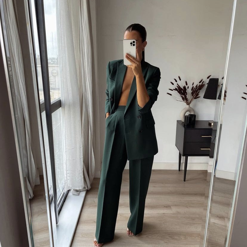 Woman Elegant Dark Green Straight Blazer Suits Autumn Female Solid Basic Matching Set Ladies Medium Waisted Pants Suit