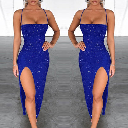 Summer Sexy Party Dress Women Blue Glitter Criss Cross Backless Slit Party Dress Sleeveless Midi Long Dress Sexy Robes New