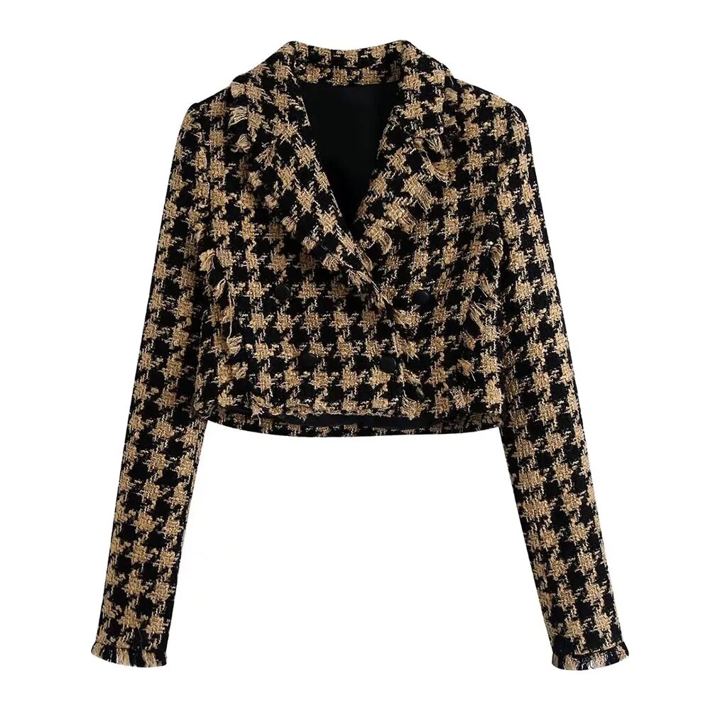 Tweed Women Two-piece Set Houndstooth Vintage Office Lady Short Blazer Female Casual Slim High Waist Skirt Suit