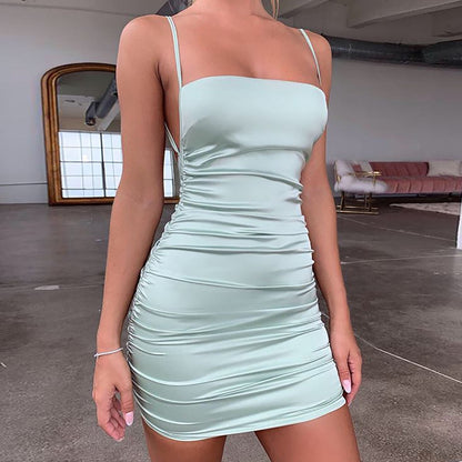 Y2k Satin Chic Rhinestone Chain Mini Dress Women's Sexy Backless Bandage Bodycon Dresses Women Ruch Night Party Club Robe Dress