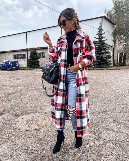 Women's Coat Spring Summer Long Sleeve Red Plaid Jacket Women Lapel Single Breasted Cardigan Coat Turndown Collar Women Coat