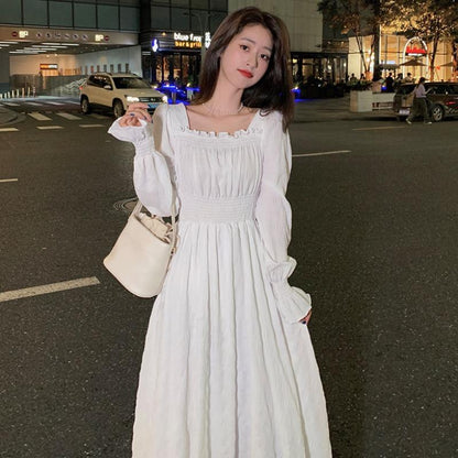 White Elegant Dress Women Square Collar Long Sleeve Dresses Vintage Autumn Fairy Robe Korean Fashion Outfits