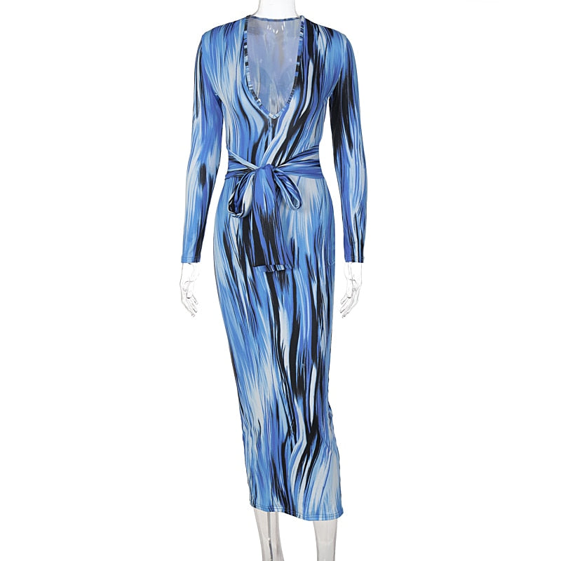 tie dye print women midi dress long sleeve bodycon sexy bandage bodycon sexy autumn winter clothes party dinner