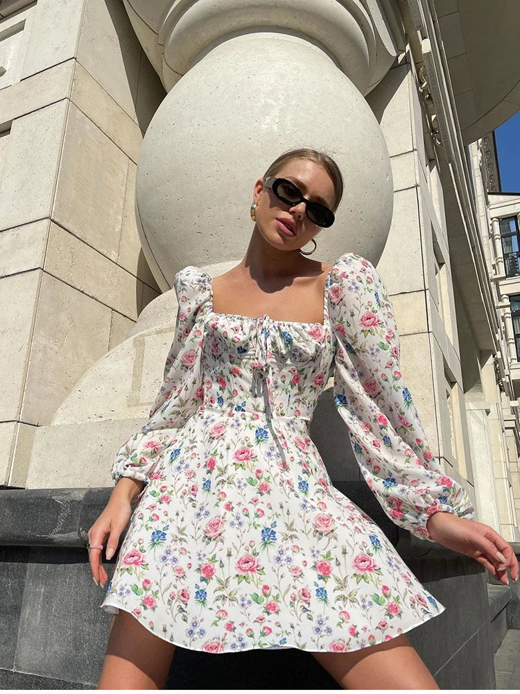 YESMYTOOL  - Floral Dress Women Lantern Long Sleeve Ruched Print A Line Square Neck Tie up Mini Vestidos Sexy Chic Summer Beach Dress