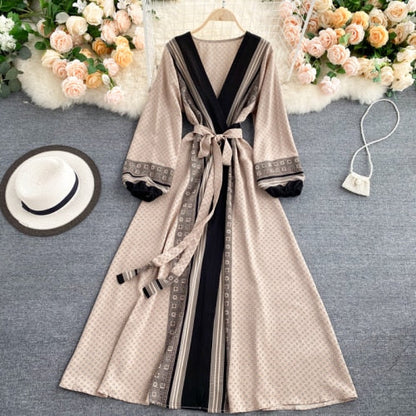 Spring Autumn Women Printed Long Dress Vintage Puff Long Sleeve High Waist A-Line Vestidos Female  New Fashion Beach Robe