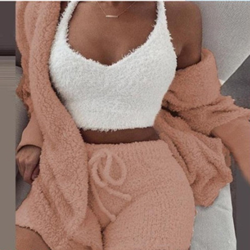 Three Piece Sexy Fluffy Outfits Plush Velvet Hooded Cardigan Coat+Shorts+Crop Top Women Tracksuit Sets Casual Sports Sweatshirt