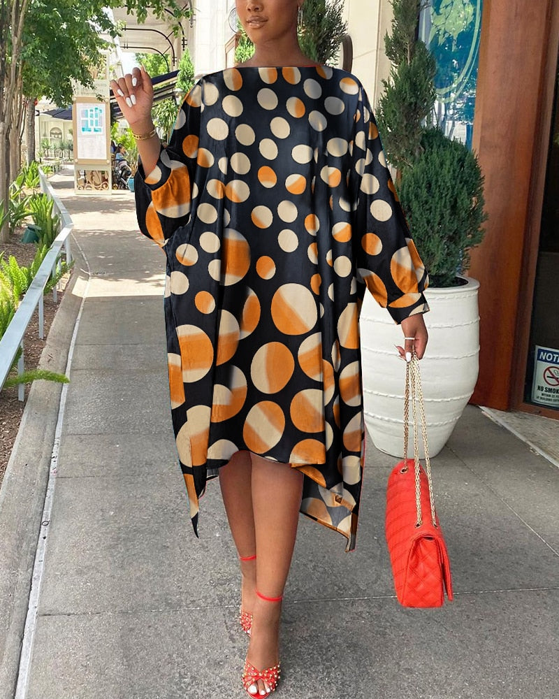 Spring Autumn Clothes Casual Gradient Polka Dot Bat Sleeve Loose Midi Dress Fashion Streetwear Long Tunics Women's Dresses