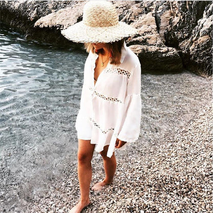 Women Swimsuit Cover Ups Mandarin Sleeve Kaftan Beach Tunic Dress Robe De Plage Solid White Pareo Beach Cover-ups dingdamall mid size graduation outfit romantic style teen swag clean girl ideas 90s latina aesthetic